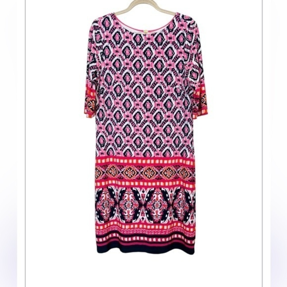 Eliza J Dress  Geometric Stretch Ikat Print Shift Crew Neck 3/4 Sleeves Size 8